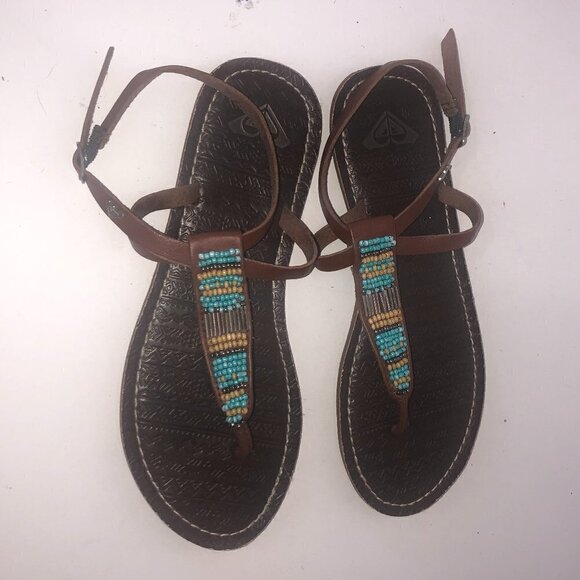 ROXY T-Strap  Sandals Women's Size US7/7.5 Brown Multicolor Beading Leather - Picture 2 of 11